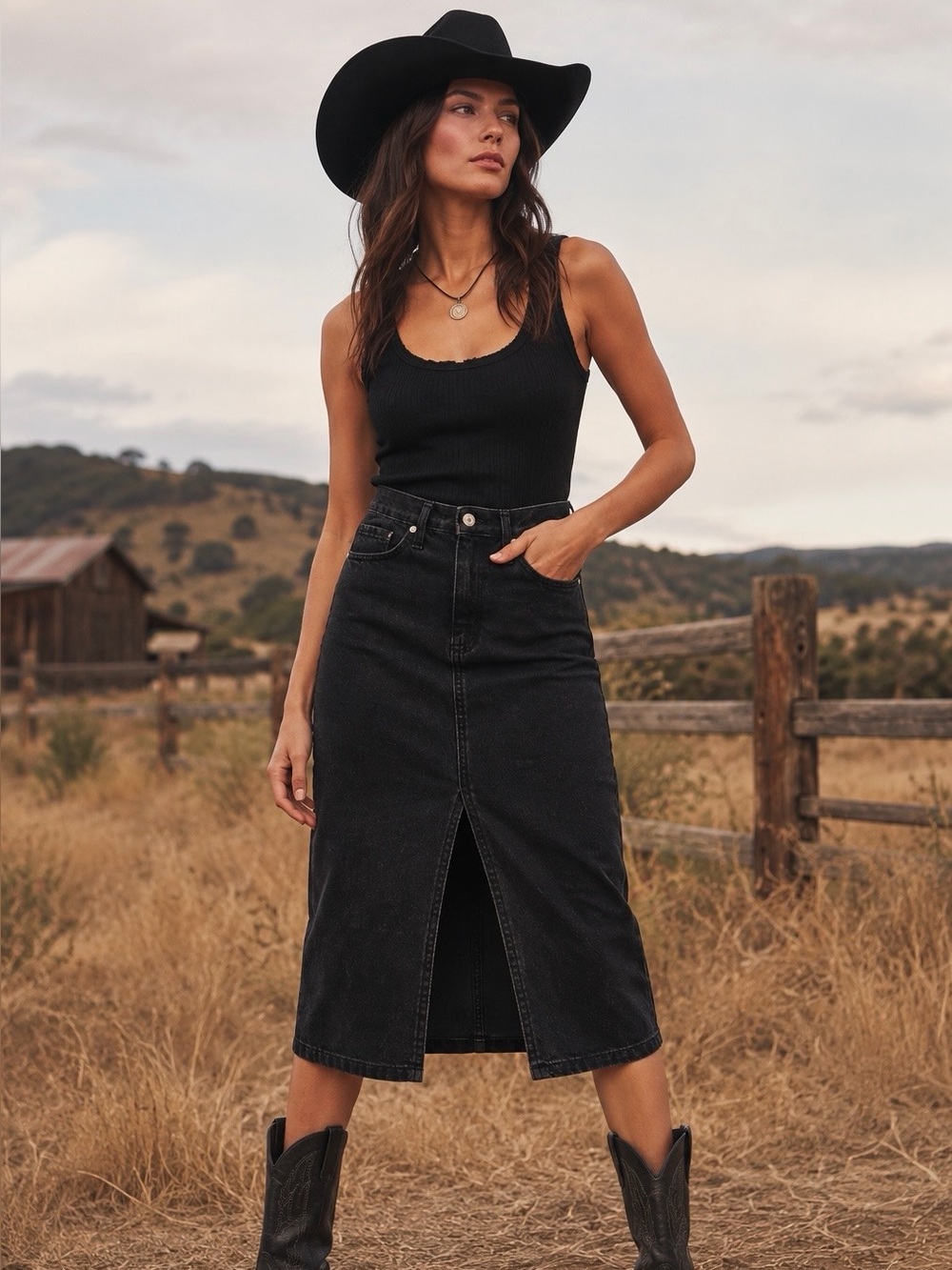 Mango Black Denim Midi Skirt Front Slit High Waist Size S Casual Dressy